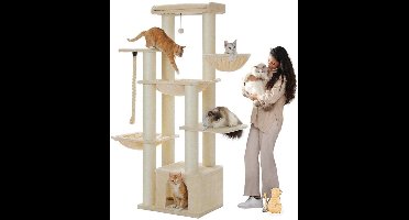 Kattenboom - Voor Grote Binnenkatten – Krabpaal - Hoog Kattenmeubel - met Sisal Krabpalen - Condo Hangmat - Meerdere Verdiepingen – Arbre a Chat - met Pluche Perch Speelbal - 170cm - Beige