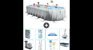 Intex Ovaal Prism Frame Zwembad - 610 x 305 x 122 cm - Grijs - Inclusief Pomp - Ladder - Grondzeil - Afdekzeil - Filter - Stofzuiger - 9-delig