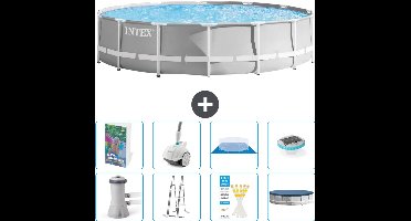 Intex Rond Prism Frame Zwembad - 427 x 107 cm - Grijs - Inclusief Pomp - Ladder - Grondzeil - Afdekzeil - Stofzuiger - Verlichting - 9-delig
