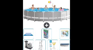 Intex Rond Prism Frame Zwembad - 610 x 132 cm - Grijs - Inclusief Pomp - Ladder - Grondzeil - Afdekzeil Loungebed - 8-delig