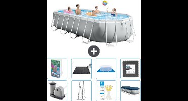 Intex Ovaal Prism Frame Zwembad - 610 x 305 x 122 cm - Grijs - Inclusief Pomp - Ladder - Grondzeil - Afdekzeil - Solar Mat - Vloertegels - 9-delig