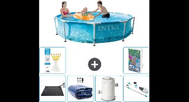 Intex Rond Frame Zwembad - 305 x 76 cm - Waterprint - Inclusief Solar Mat - Solarzeil - Zwembadfilterpomp - Stofzuiger - 7-delig