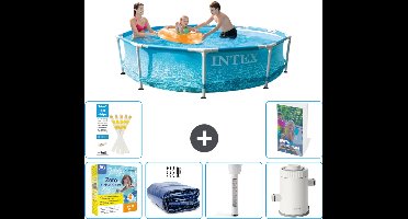 Intex Rond Frame Zwembad - 305 x 76 cm - Waterprint - Inclusief Onderhoudspakket - Solarzeil - Thermometer - Zwembadfilterpomp - 7-delig