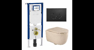 QeramiQ Dely Swirl Toiletset - 36.3x51.7cm - Geberit UP720 Duofix Sigma inbouwreservoir - 35mm zitting - mat zwarte metalen bedieningsplaat - ronde knoppen - beige