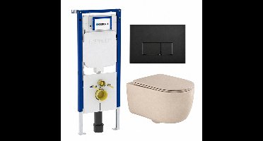 QeramiQ Dely Swirl Toiletset - 36.3x51.7cm - Geberit UP720 Duofix Sigma inbouwreservoir - slim zitting - mat zwarte metalen bedieningsplaat - rechthoekige knoppen - beige