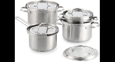 BK Q-linova Pannenset 4-delig - 16/18/20 cm - 1.8/2.5/3.5L - Zonder PFAS-vrije antikleeflaag - Pannenset inductie - RVS pannenset - Ovenbestendig tot 220°C - Met deksel - Zilver