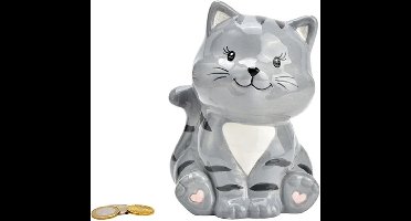 Wurm Spaarpot kat/poes - keramiek - grijs - 16 x 12 x 10 cm - sparen - kinderen