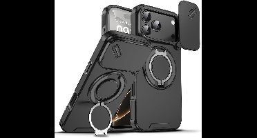Hoesje Geschikt voor iPhone 17 Pro Max hoesje Zwart - Shock Hybrid Armor Hoes met Kickstand Ring en Camera Bescherming - Geschikt voor MagSafe