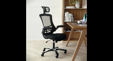 Bureaustoel met hoge rugleuning, ergonomische draaistoel met opklapbare armleuningen en verstelbare hoofdsteun