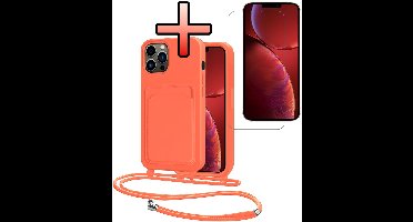 Hoes Geschikt voor iPhone 13 Pro Max Hoesje Pasjeshouder Cover Met Koord Case Siliconen Hoes Met Telefoonkoord en Kaarthouder Met Screenprotector - Papaya