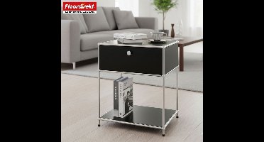 FLOORDIREKT Metalen Rek Concept Epure MK-139 - Bijzet- & Opbergrek met Lade & Legplanken - 50 x 65 x 40 cm - Zwart -Verkrijgbaar in Verschillende Kleuren - Metalen Rek in Modern Design - Rek Voor Woonkamer, Kantoor & Hal