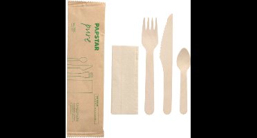 50 Besteksets Hout pure : Messer, Gabel, Kaffeelöffel, Serviette in Papierbeutel