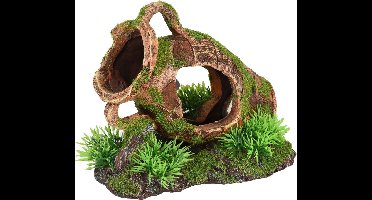 Flamingo - Aquariumdecoratie Moza kruik met plant - Bruin - 16 x 11 x 13 cm