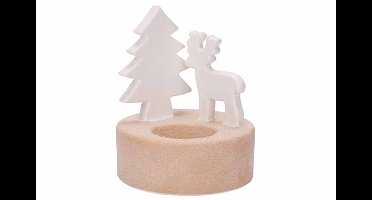Theelichthouder Tree And Deer Wit 10x10x H12cm Rond Keramiek
