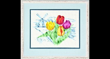 Pako Borduurpakket - telpatroon met codekaart - Hollands delftsblauw landschap met tulpen - 237.096 - voorgesorteerd garen - Aida -29 x 21 cm - DIY kit