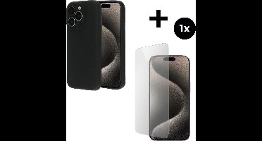 Mobiparts Silicone Cover MagSafe hoesje geschikt voor Apple iPhone 15 Pro - MagSafe - met 1 Screenprotector van Gehard Glas - Zwart