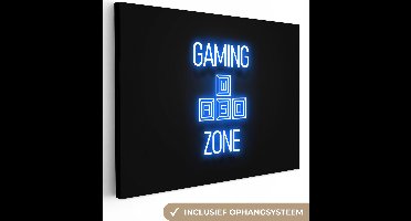 Canvas schilderij 80x60 cm - Wanddecoratie Gaming - Tekst - Gaming zone - Neon - Blauw - Muurdecoratie game room - Gaming kamer decoratie - Gameroom accessoires - Schilderijen