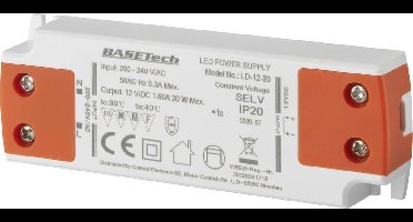 Basetech LD-12-20 LED-transformator Constante spanning 20 W 1.66 A Geschikt voor meubels, Overspanning, Montage op ontv