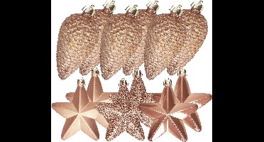 Decoris Kersthangers - 12 ST - dennenappels en sterren kerstornamenten - kunststof - bruin