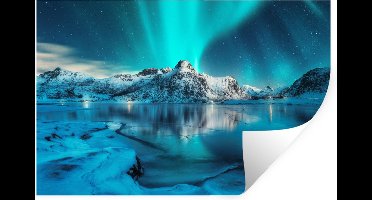 Muurstickers - Sticker Folie - Noorderlicht - IJs - Sneeuw - Noorwegen - Blauw - Bergen - 30x20 cm - Plakfolie - Muurstickers Kinderkamer - Zelfklevend Behang - Zelfklevend behangpapier - Stickerfolie