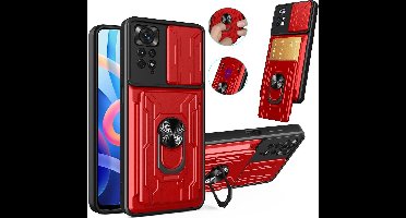 Hoesje Geschikt voor Xiaomi Poco X4 Pro hoesje met kickstand Rood - Poco X4 Pro 5G camera lens screen protector - hoesje Poco X4 Pro met pasjeshouder ring case