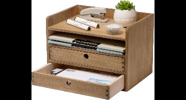 KIRIGEN Massief houten opbergdoos plat dienblad, kantoorbenodigdheden, desktop organisator, grote capaciteit, houten bureauorganisator 3D2C bruin