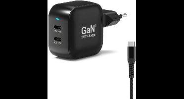 Port Designs 902035PEU - Netspanningsadapter GaN-technologie - 35 Watt - 2x USB-C - Met 1 USB-C kabel van 2 meter - 2 uitgangsaansluitingen