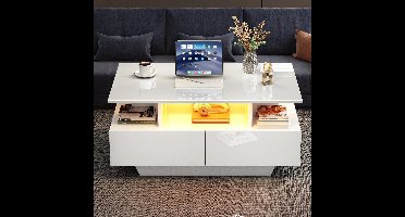 Salontafel – Koffietafel – Tafel – Woonkamertafel – Theetafel – Wit – Hoogglans – LED-Verlichting – 2 Lade – 90x55x41 cm