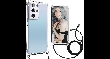 Hoesje Geschikt Voor Samsung Galaxy S21 Ultra Hoesje met draagkoord transparant- Hoesje Geschikt Voor Samsung Galaxy S21 Ultra TPU backcover met koord - Zwart