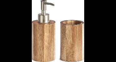 Badkamer setje zeeppompje met beker van luxe acacia hout