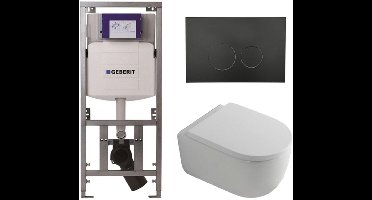 QeramiQ Dely Swirl Toiletset - 36.3x51.7cm - Geberit UP320 inbouwreservoir - met Burda frame - 35mm zitting - mat zwarte bedieningsplaat - ronde knoppen - wit mat