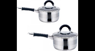 2 x steelpan / sauspan - steelpan met deksel - RVS - 1 liter en 2.1 liter
