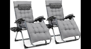 Ligstoel - Tuinstoelen - Strandstoel - Klapstoel - Zero Gravity - Opvouwbare - Draagvermogen van 160KG - Verstelbare met Verwijderbare Kussen, Hoofdsteun en Kopjeshouder- Binnen/Buiten - Tuinset – Campingstoel – Tuinstoel – 2 Stuks - Grijs