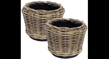 Van der Leeden Planten/bloemen mand - 2x - rotan - gevlochten riet - D27 x H22 cm - drypot - plantenpot - plantenmand - nestbaar