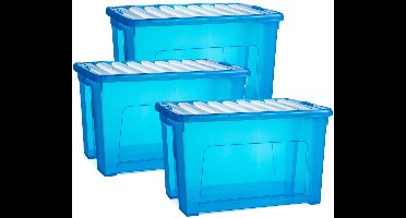 Plasticforte Opslagbox - 3x - met deksel - transparant blauw - 47 liter - 54 x 38 x 32 cm - kunststof - opbergdoos - opbergen