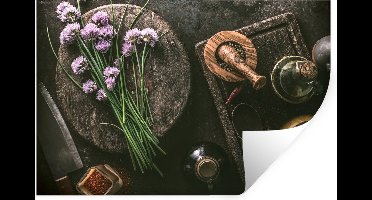 Muurstickers - Sticker Folie - Bieslook - Keuken - Vijzel - Rustiek - Kruiden - Paars - 30x20 cm - Plakfolie - Muurstickers Kinderkamer - Zelfklevend Behang - Zelfklevend behangpapier - Stickerfolie