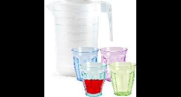 Plasticforte Waterkan/schenkkan met glazen set - kunststof/onbreekbaar - karaf 2 liter/12x glazen van 250 ml - bpa vrij