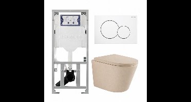 QeramiQ Dely Toiletset - Geberit UP320 inbouwreservoir - met Burda frame - witte bedieningsplaat - softclose toilet zitting 35 mm - mat beige