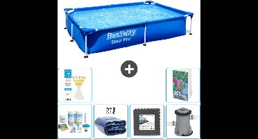 Bestway Rechthoekig Steel Pro Zwembad - 221 x 150 x 43 cm - Blauw - Inclusief Onderhoudspakket - Solarzeil - Vloertegels - Zwembadfilterpomp - 7-delig