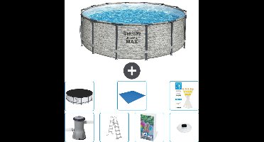 Bestway Rond Steel Pro MAX Zwembad - Steenprint - 427 x 122 cm - Inclusief Pomp - Ladder - Afdekzeil - Grondzeil - Verlichting - 8-delig