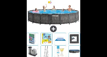 Intex Rond Prism Frame Greywood Zwembad - 549 x 122 cm - Inclusief Pomp - Ladder - Grondzeil - Afdekzeil - Onderhoudspakket - Vloertegels - 9-delig