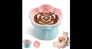 Keramieken slowfeeder voor katten - Verhoogde voerbak met labyrint ontwerp - Cute maze feeder voor gezond eten - Geschikt voor nat- en droogvoer - Makkelijk schoon te maken - Voor binnenkatten en kleine honden - Blauwroze