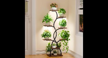 Sierra, Plantenstandaard met groeilicht - 8 niveaus bloemenstandaard 124 cm, metaal houten plantenrek - voor binnen en buiten, bloementrap - decoratief zwart bloemenrek voor binnentuin, balkon