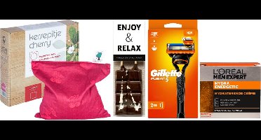 Gillette Cadeauset Warme Kerst Chocolade & Warmtekussen Fushion 5 & Men Expert - Men Expert Hydraterende creme 50ml - Gillette Fusion5 Apparaat + 2mesjes - Kersepittje Warmtekussen Classic 27x27cm