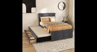 Bedombouw – Familiebed – Uitschuifbed – Opbergbed – Gestoffeerd Bed – 90x200 cm Slaapoppervlak – 3 Grote Lades – Verstelbaar Hoofdbord – Grijze Linnenstof