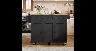 Keukeneiland – Keukentrolley – Serveerwagen – Keukenkast – Mobiel Keukeneiland – Zwart Design – Veel Opbergruimte Met Lade – 4 Zwenkwieltjes Met Remmen