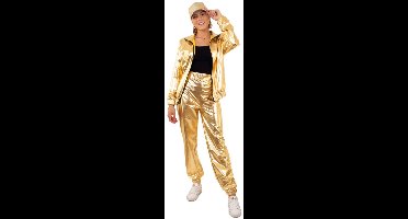PartyXplosion - Glitter & Glamour Kostuum - Gouden Metallic Retro Trainingspak Proud To Be Goud Dames - Vrouw - goud - Extra Small - Carnavalskleding - Verkleedkleding - Carnaval kostuum dames