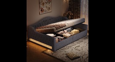 Gestoffeerde slaapbank 140x200 met ledstrip en opbergruimte eronder, grijs