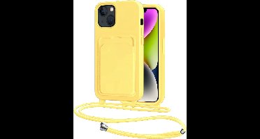 Hoes Geschikt voor iPhone 14 Hoesje Pasjeshouder Cover Met Koord Case Siliconen Hoes Met Telefoonkoord en Kaarthouder - Geel