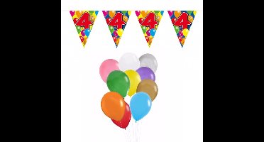 Folat Verjaardag 4 jaar feestartikelen set - 50x ballonnen - 2x leeftijd print vlaggenlijnen